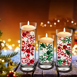 Christmas vase filler decor set with clear glass cylinders floating candles pearls candy canes