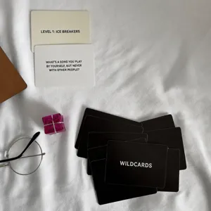 Detail view of interesting ice breaker card game set with black cards and white question cards.