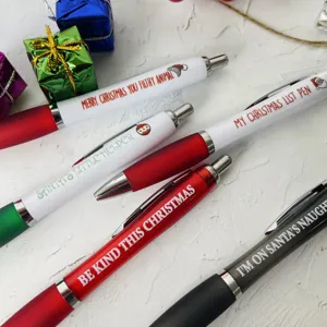 Christmas novelty ballpoint pens set with funny holiday text quotes detail display