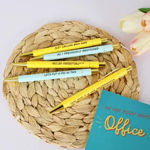 Detailansicht lustige Buerokugelschreiber mit Spruch, 5 Stueck Metallclip Stifte Set.