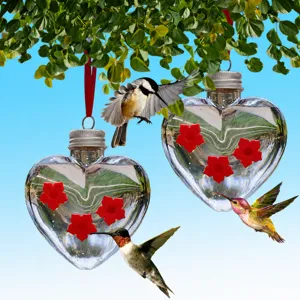 Heart Shaped Hummingbird Feeder Plastic Hanging Bird Waterer With Red Flower Feeding Ports For Outdoor Garden Pet Supplies