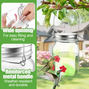 Detail of hummingbird feeder showing wide opening and reinforced durable metal handle