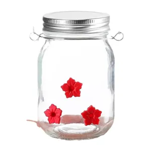 Premium clear glass hanging hummingbird feeder Mason jar with red flower ports