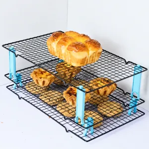 Double layer wire cooling rack with blue plastic stackers for baking bread cookies and tarts.