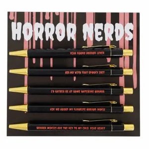 Horror Nerds themed retractable ballpoint pen set with funny horror movie quotes