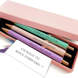 Metal ballpoint pen gift set 3 pieces with pink box and inspirational quotes for graduation.
