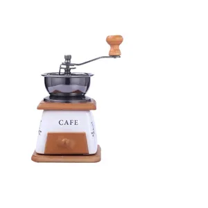 Klassische manuelle Kaffeemühle mit Keramikkörper, Holzsockel und Metallhandkurbel Hauptansicht.