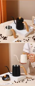 Stainless steel pour over coffee kettle with wooden handle, detail view of home coffee brewer.