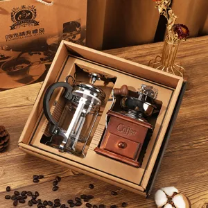 Vintage Handmatige Koffiemolen En French Press Cadeauset Retro Houten Bonenmolen Hittebestendig Glas Koffiezetapparaat Set