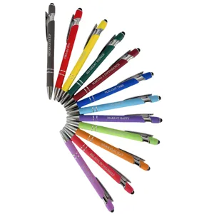 12-color metal ballpoint pen set with stylus tips and motivational quotes for office.