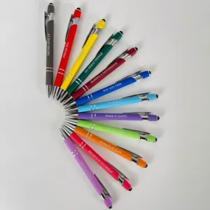 Detail view of colorful stylus pens set with motivational quotes, perfect for office and daily writing.