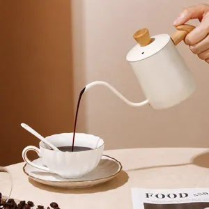 Stainless steel pour over coffee kettle with wooden handle, 0.6cm spout for precise flow control.