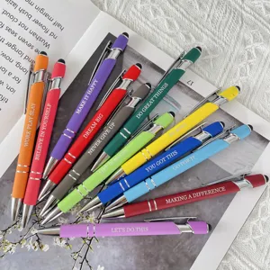 12-piece colorful ballpoint pens set with inspirational quotes and stylus tips for office use.