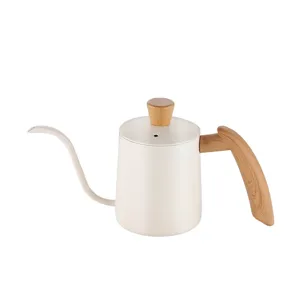 Stainless steel pour-over coffee kettle with wooden handle, gooseneck spout, white main view.