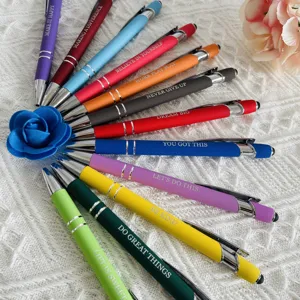 12-pack motivational ballpoint pens with stylus tips, colorful inspirational office gift.