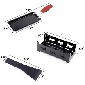 Mini cheese raclette grill set with non-stick pan, metal stand and scraper tool detail.