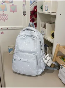 Joli sac à dos bleu à pois pour filles, cartable d'école décontracté, grande capacité