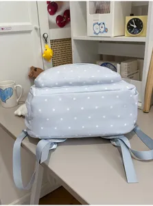 Sac à dos bleu clair mignon à pois pour école et voyage, grande capacité, style décontracté.