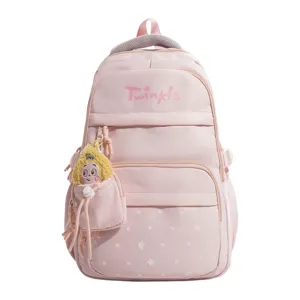 Pink school backpack with star print, cute plush pendant, and multi-compartment design.