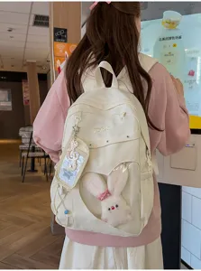 Niedlicher College-Stil transparenter Herz-Segeltuch-Schulrucksack mit Plüschhase für Schüler