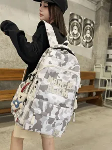 Camouflage Contrast Color Large Capacity Multi-Pocket Backpack Lightweight Pressure Relief School Bag For Teenager Students Women