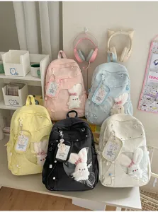 Süßer Preppy-Stil Herz transparenter Schüler Rucksack mit Plüsch Kaninchen und Stickerei.