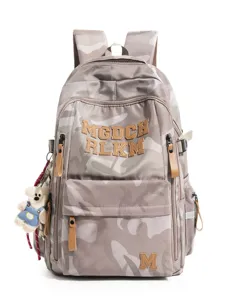 Fashion camo canvas school backpack with multi compartments and cute bear pendant for girls.