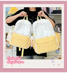 Süßer weißer Polka-Dot-Rucksack mit gelber Karotasche für jugendliche Mädchen zur Schule