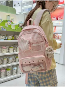 Rosa Harajuku Sternen-Print transparente Ita-Rucksack süße Schultasche mit Kaninchenanhänger