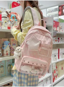 Rosa Sternen Druck Studenten Rucksack mit klarem Frontfach, süße Harajuku Schultertasche.