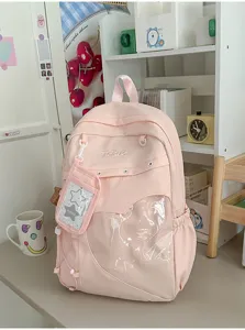 Rosa Studenten Schulrucksack mit klarem Frontfenster, grosse Kapazitaet College Buchtasche.