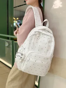 Sac à Dos en Nylon à Pois Style Preppy Grande Capacité Cartable pour Étudiants Femmes Couleur Contrastée Cousu Décontracté Voyage