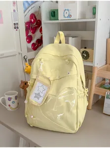 Süßer gelber College-Rucksack mit transparenter Tasche und Kartenetui für Schüler und Schule.