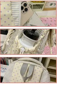 Vue détaillée du sac à dos Harajuku à motif d'étoiles et rayures, montrant poches et bretelles.
