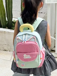 Cute color block kids school backpack for kindergarten girls, stylish and lightweight daily bag.