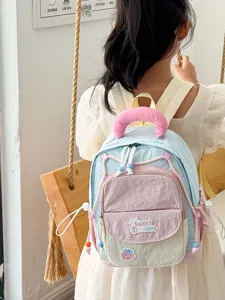 Kids cute color-block kindergarten schoolbag backpack for stylish little girls daily use.