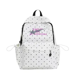 White polka dot canvas backpack, large capacity school bookbag for students and teens.