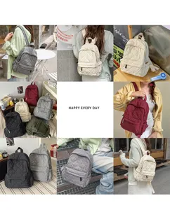 Quilted backpack details showing multi-color casual daypacks for women and students.