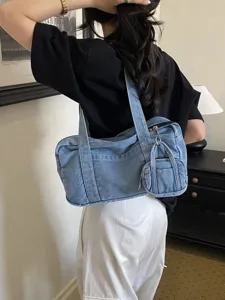 Vintage Washed Denim Tote Bag For Women Casual Solid Color Shoulder Underarm Bag With Mini Coin Pouch Commuting Handbag