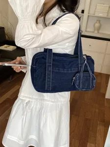 Vintage washed denim shoulder tote bag for women casual commuter handbag with mini pouch.