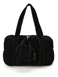 Black washed canvas tote bag for women, vintage casual shoulder handbag with mini pouch.