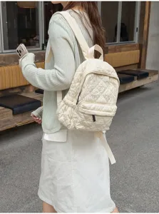 Quilted backpack for women lightweight casual school bookbag stylish commuter daypack white