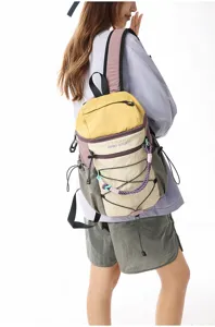 Detail shot showcasing the multi-color backpack with bungee cords and wear details.