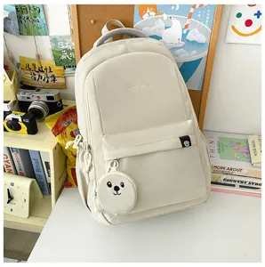 Zaino scolastico in nylon beige minimalista con grazioso portamonete a forma di orsetto
