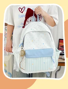 Leuke Japanse stijl polka dot en gestreepte canvas schoolrugzak, grote capaciteit.
