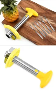 Stainless steel pineapple corer and slicer tool with fruit forks for kitchen use
