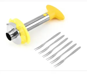 Stainless steel pineapple corer slicer detail showing sharp blade and matching fruit forks.