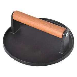 Heavy duty cast iron burger press with wooden handle for grilling beef steak and barbecue.