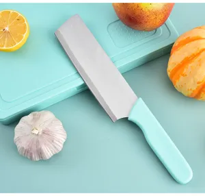 Kitchen knife with teal handle and cutting board detailed shot, perfect for fruit and vegetable prep.