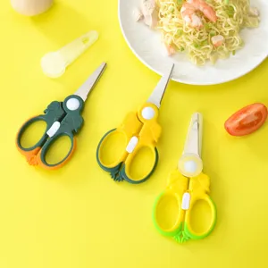 Stainless Steel Baby Food Scissors With Safety Lock Portable Storage Box Cartoon Handle Kitchen Cutting Tool